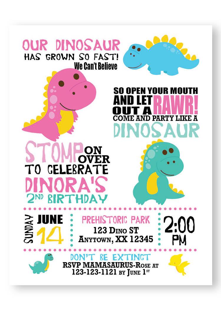 Dinosaur T-Rex Pool Party Girl Pink Birthday Invitation